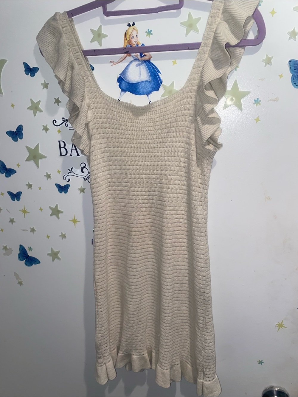 Anthropologie XS Cream Knit Ruffle Sleeve Sweater Dress Cottagecore Boho - Picture 5 of 8